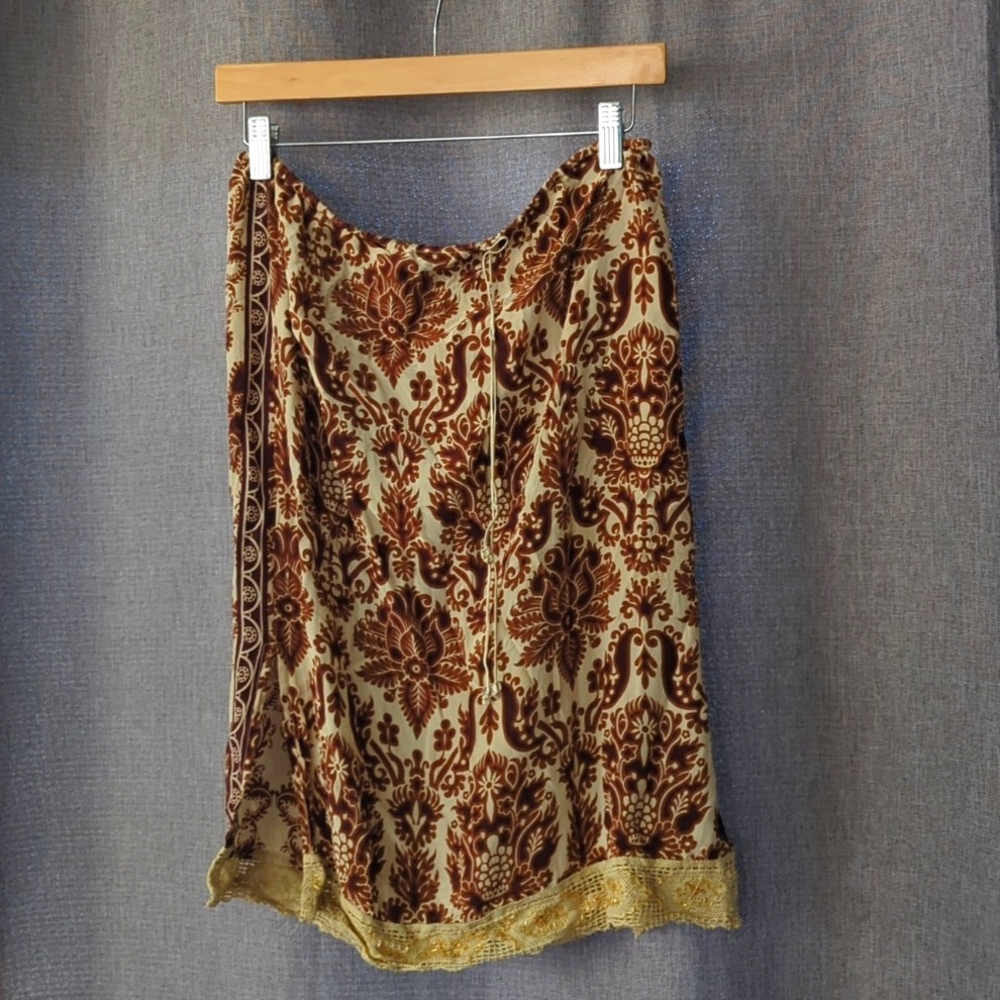 Anthropologie Tracy Reese 100%silk slit above Knee brown boho skirt